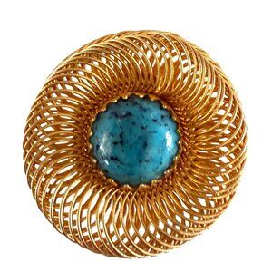 Vintage Gold Filigree Turquoise Cabochon Brooch Pin